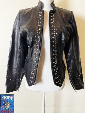 Tribe America Black Women's Leather Zip Long Sleeve Studded Biker Jacket Size 6